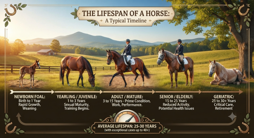 How Long Do Horses Usually Live? Adult horse grazing in a field with information about lifespan, nutrition, and daily care.