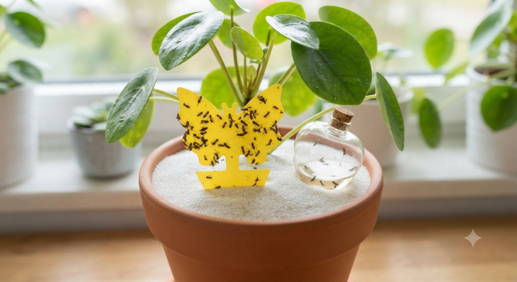 How to Get Rid of Gnats Inside: Homeowner eliminating indoor gnats with traps, proper cleaning, and houseplant care to prevent future infestations.