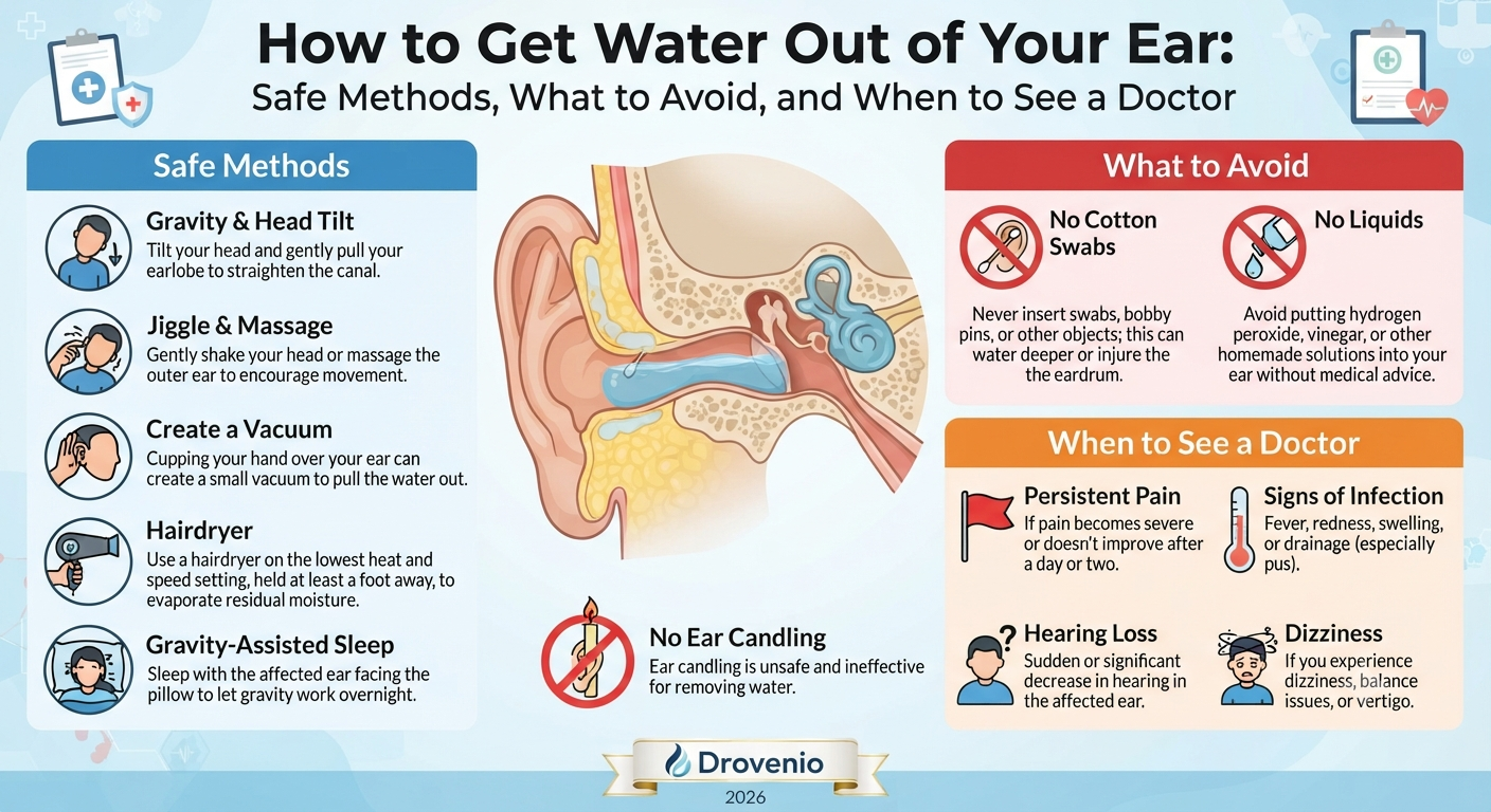 How to Get Water Out of Your Ear: Person gently draining trapped water from the ear after swimming using safe and recommended techniques.