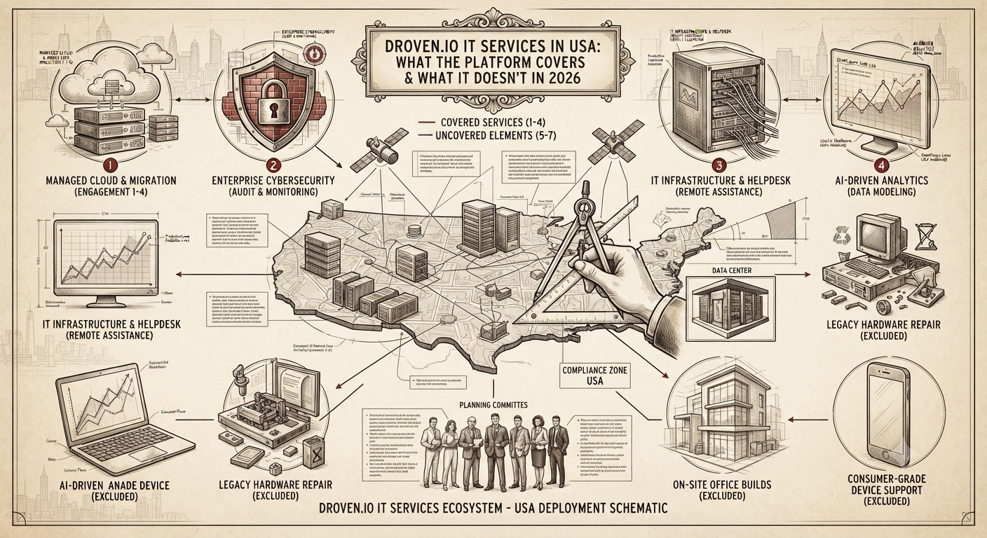 Droven.io IT Services in USA: Technology illustration explaining what the platform covers, AI, cloud computing, cybersecurity, and what it does not offer in 2026.