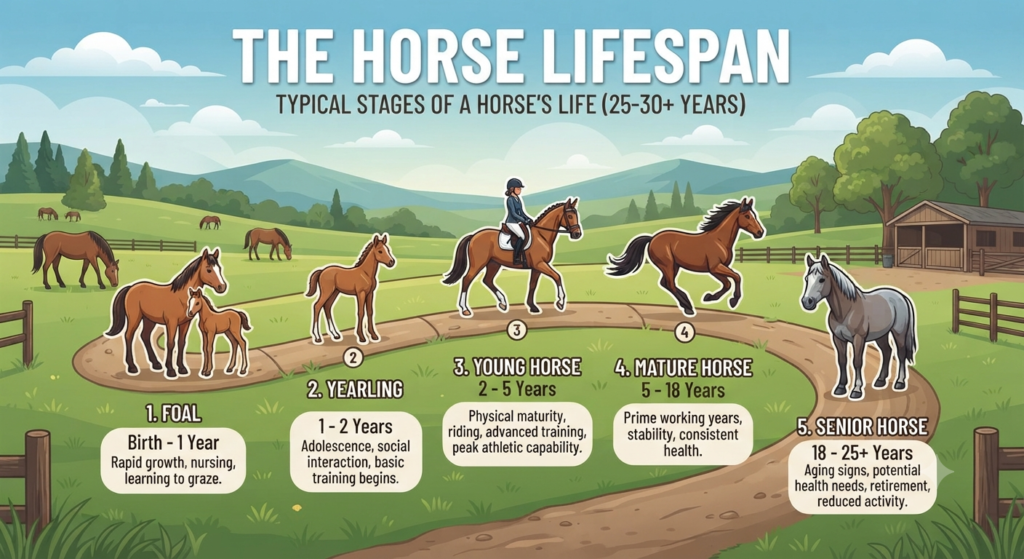 How Long Do Horses Usually Live? Well-cared-for horse demonstrating the importance of nutrition, exercise, and preventive healthcare for a longer lifespan.