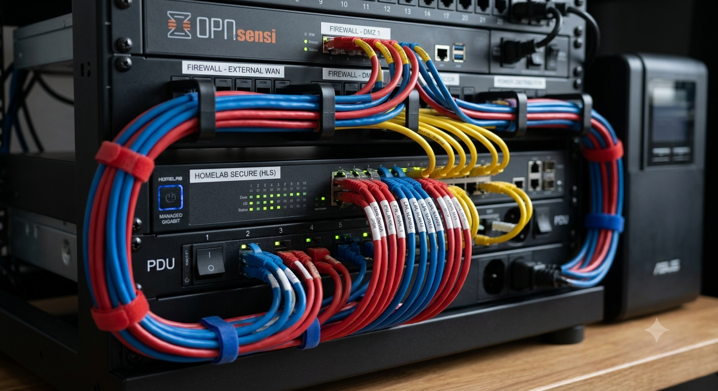 A rack-mount firewall appliance with green blinking status lights, configured to secure a homelab network.
