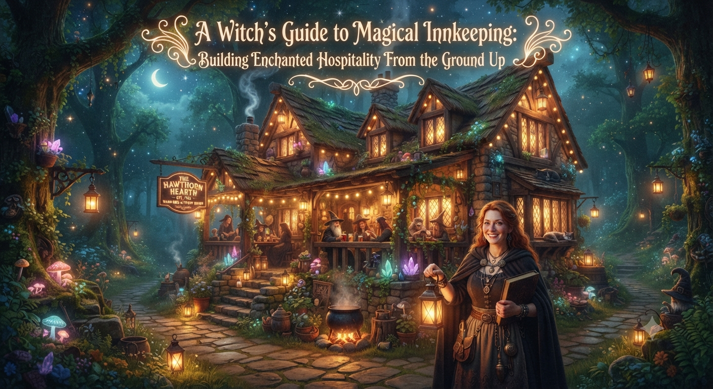 A Witch’s Guide to Magical Innkeeping: Enchanted fantasy inn surrounded by glowing lanterns, magical forests, and spellbound guests enjoying a cozy mystical retreat.